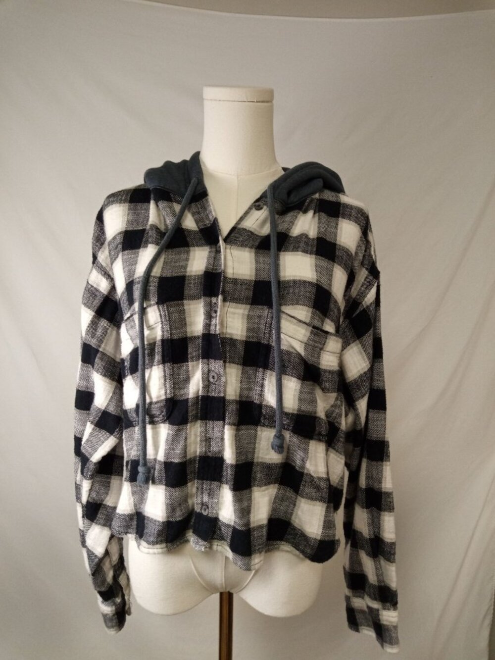American Eagle Junior's Navy Blue + White Button Hoodie Shirt Sz. L